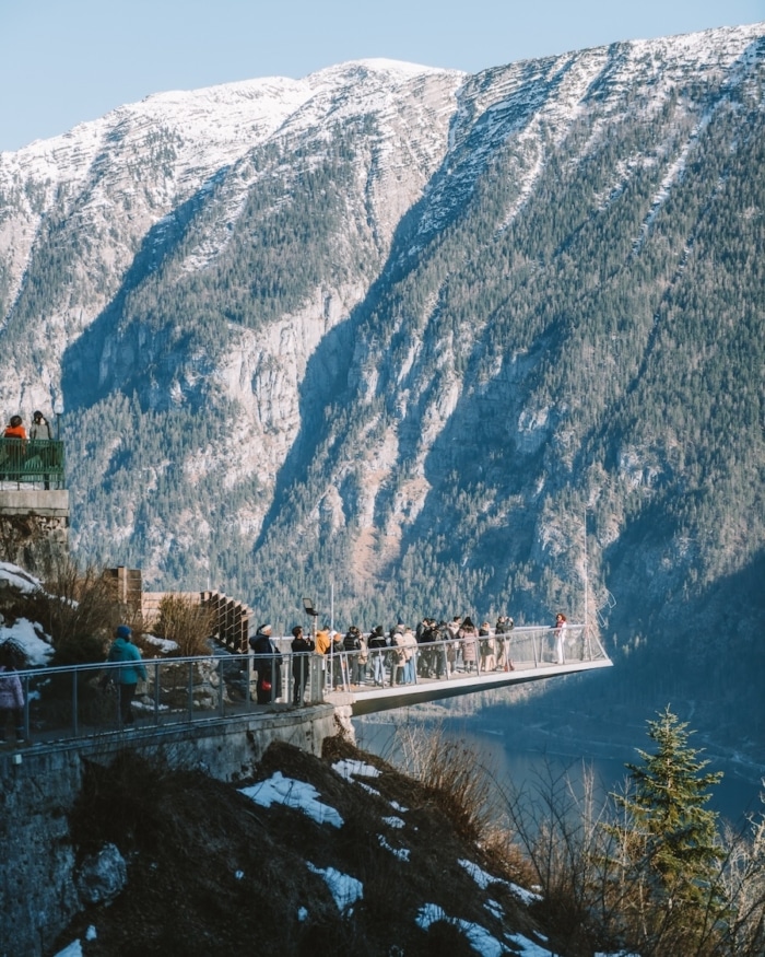 lake at the Skywalk in Hallstatt Viewing platform hanging out over the lake at the Skywalk in Hallstatt