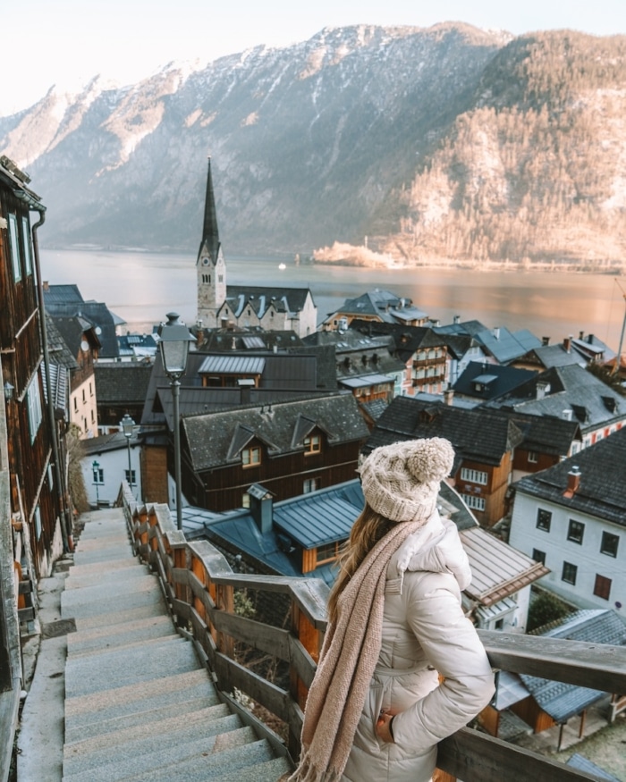 staircase view in Hallstatt Michelle Halpern standing on a staircase in Hallstatt in winter that looks out over the town