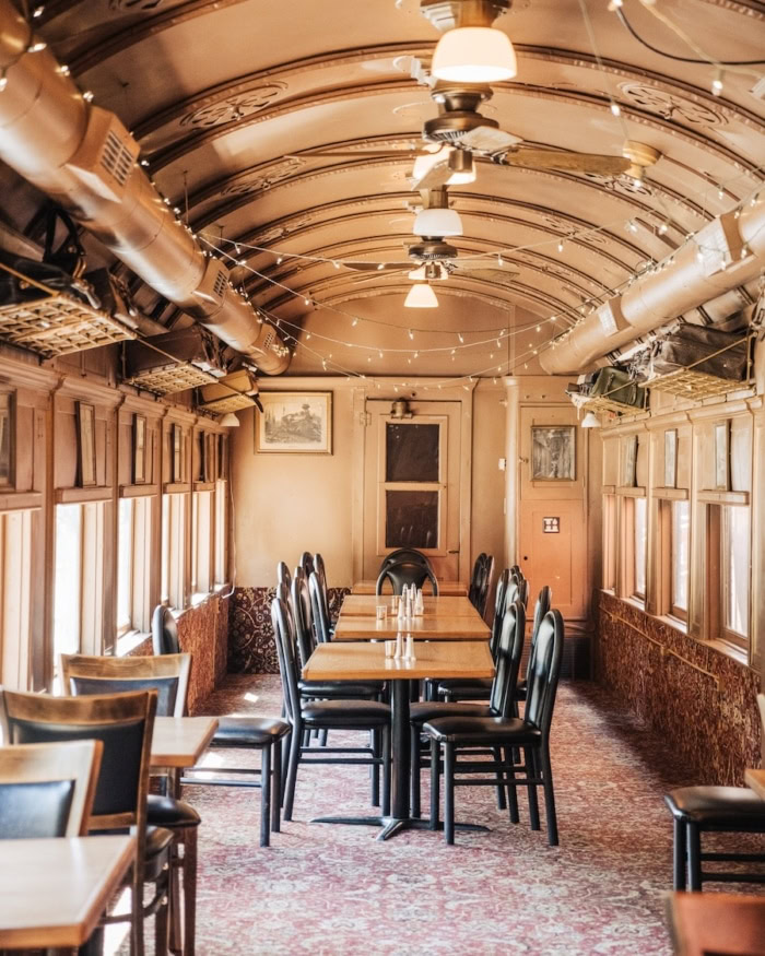 Jubilee Railroad Wilderness Lodge dining car Interior of the dining car at the Jubilee Railroad Wilderness Lodge