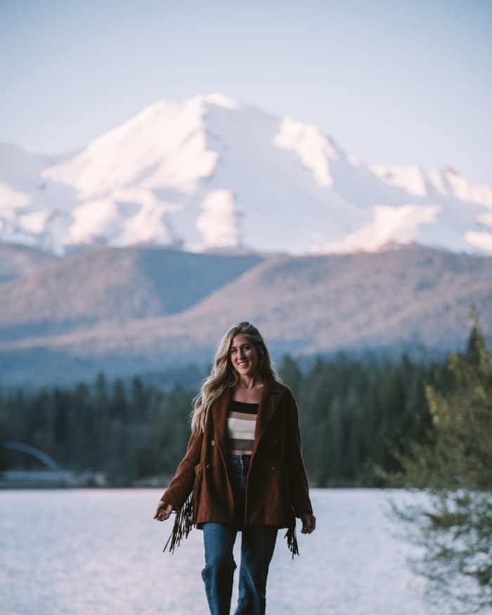 Cable Beach picnic area Michelle Halpern at the Cable Beach picnic area on Lake Siskiyou with views of Mount Shasta at sunset