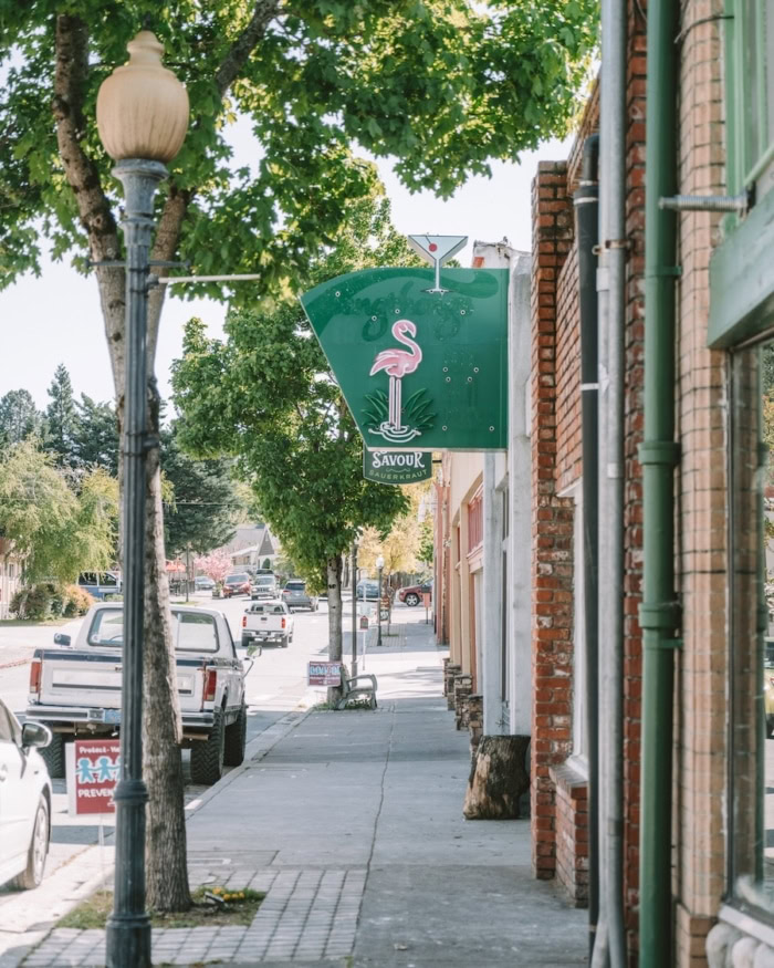flamingo sign Green sign with a flamingo on it in Dunsmuir