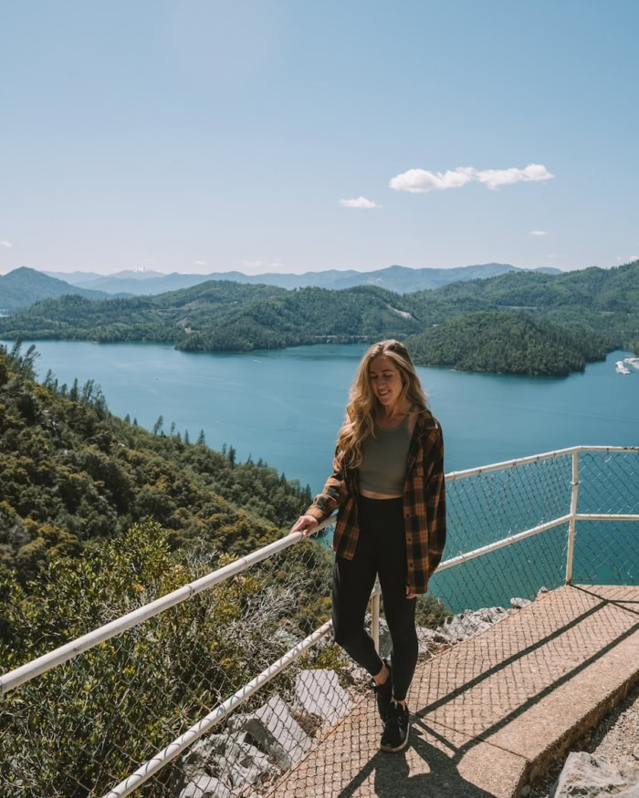 high above Lake Shasta Michelle Halpern standing on a path high above Lake Shasta