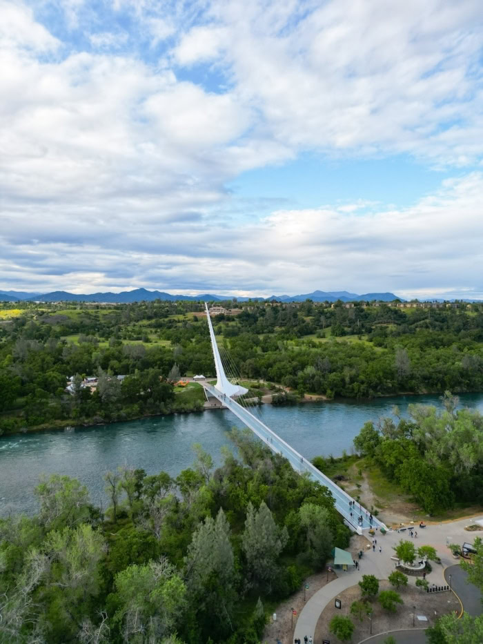 Sundial Bridge Drone over Sundial Bridge in Redding, California and Sacramento River