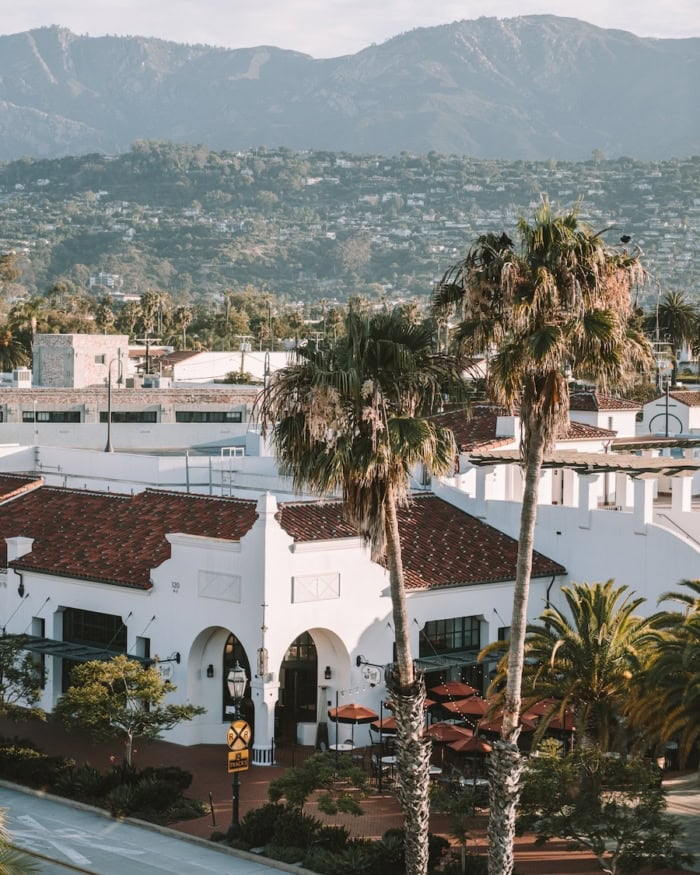 Santa Barbara Funk Zone High up view from a rooftop of the Santa Barbara Funk Zone and Goat Tree restaurant