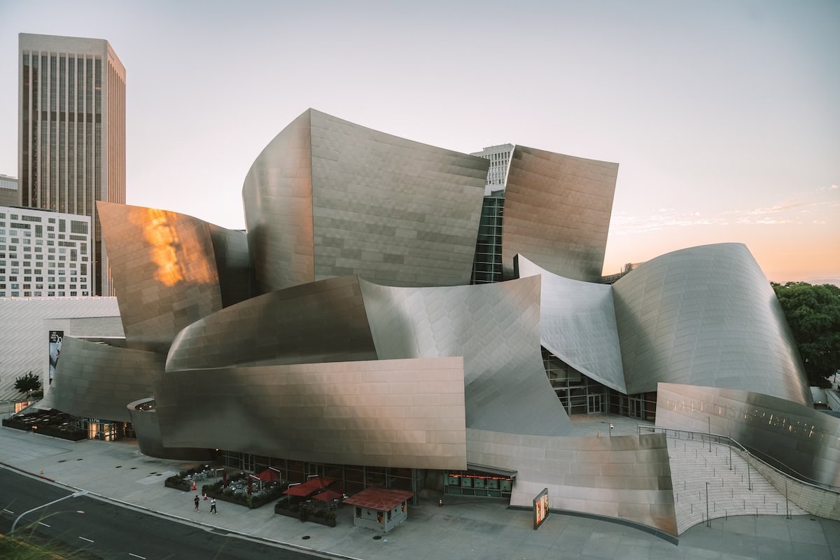 Disney Hall LA Unique metal gray building (Disney Hall) at sunset in downtown LA