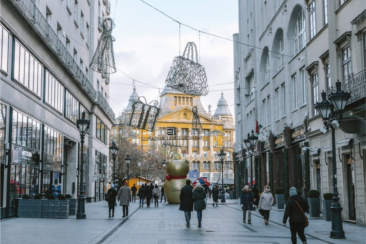 Budapest Christmas Market street Budapest Christmas Market street view with festive lights leading to St. Stephenโs Basilica 2025.