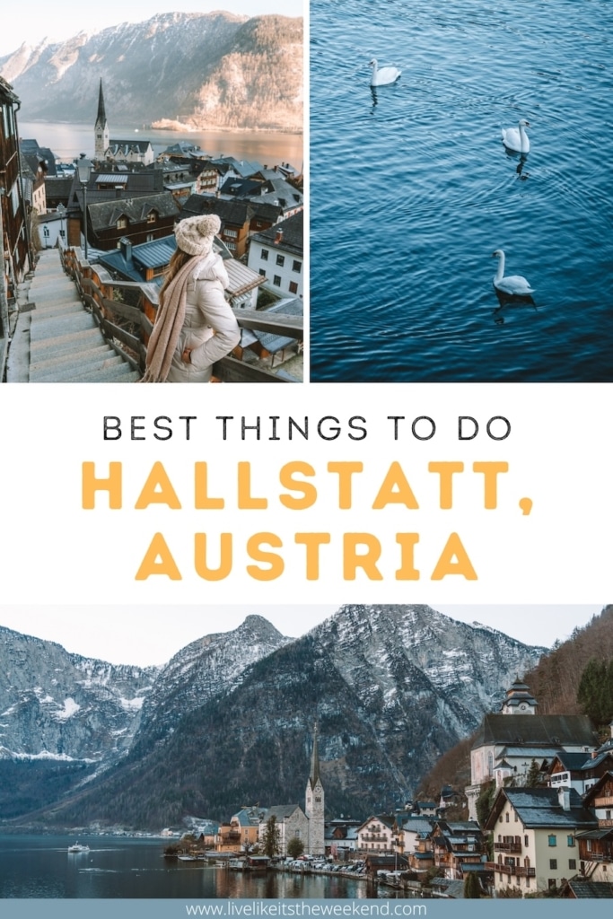 things to do in Hallstatt winter Pin cover for Hallstatt travel guide blog post in winter