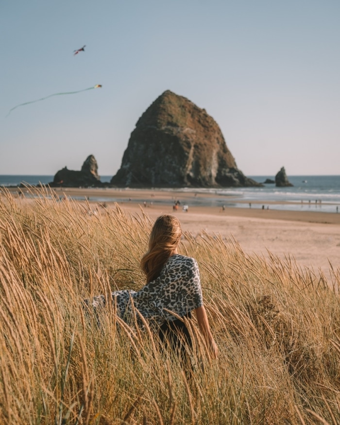 Best Oregon Coast Towns Kites flying at Cannon Beach as Michelle Halpern looks onto the sand from tall grass