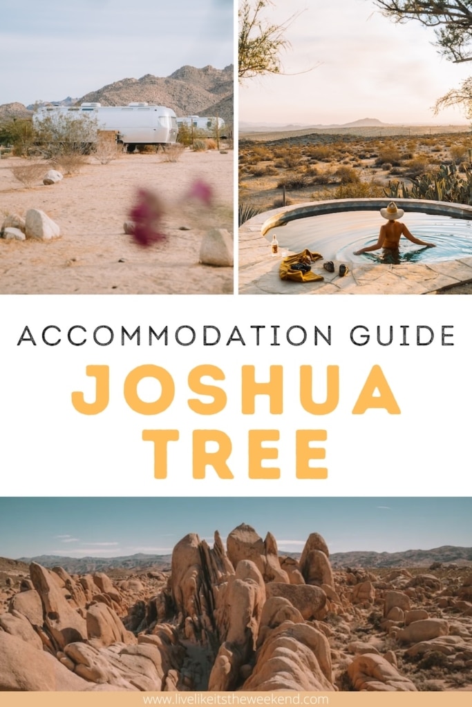 Joshua Tree accommodation guide Pinterest cover for blog post on where to stay in Joshua Tree, California