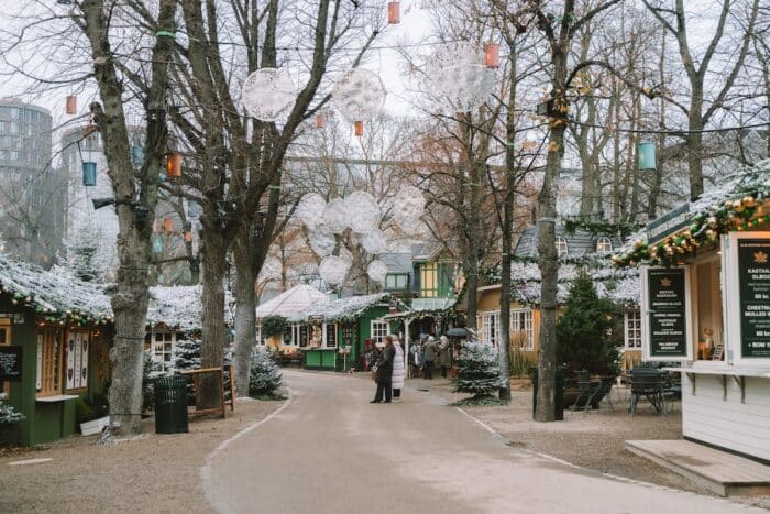 Holiday food and vendor stalls at Tivoli Gardens Christmas market 
