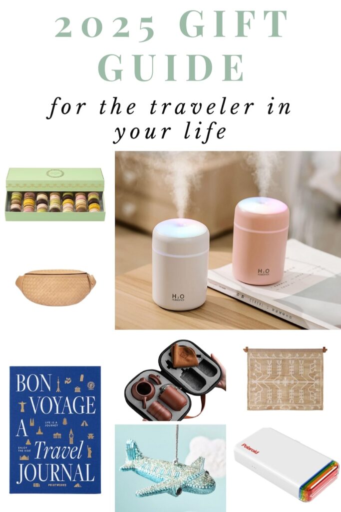 Travel gift guide for the traveler Travel gift guide pinterest cover image featuring grid of products
