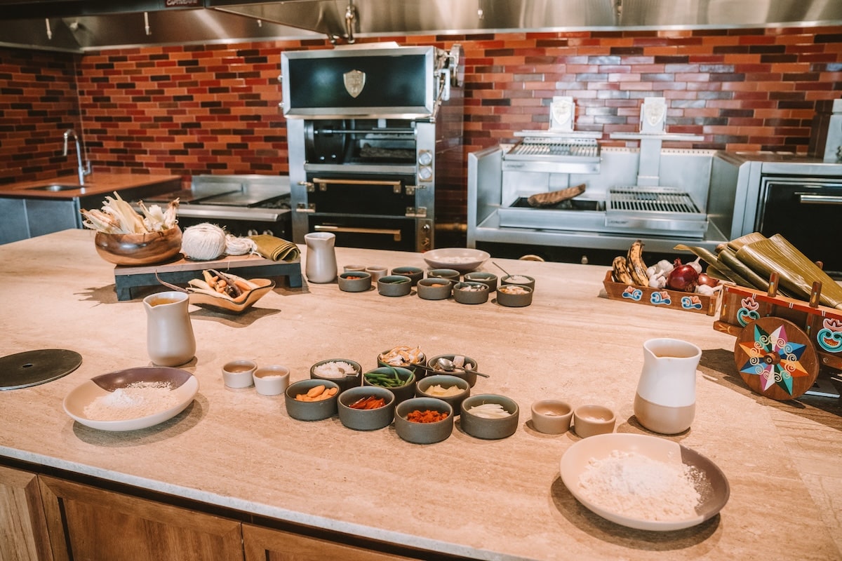 Setup on chef's table of tamale making cooking class