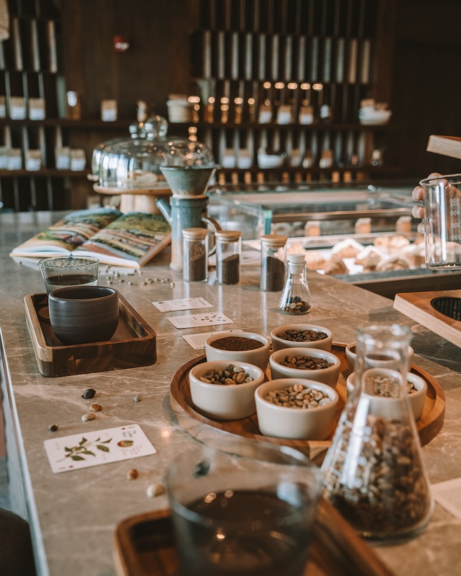 Counter with supplies for Coffee Experience at Buena Nota at Waldorf Astoria
