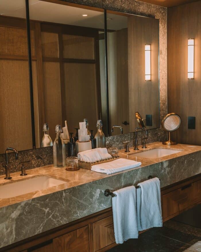Double vanity inside the bathroom in the one bedroom king suite at Waldorf Astoria Costa Rica