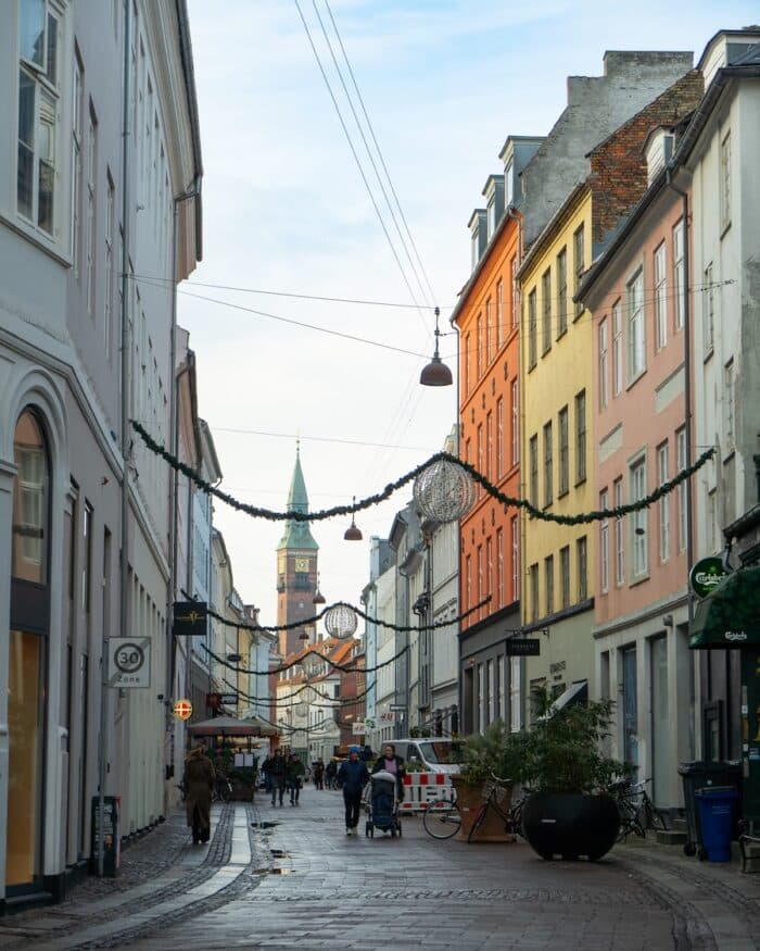 shopping street in Copenhagen Colorful shopping street in Copenhagen decked out in Christmas decorations