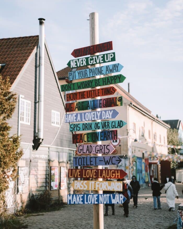 Freetown Christiania Colorful signs posted on the street in Freetown Christiania