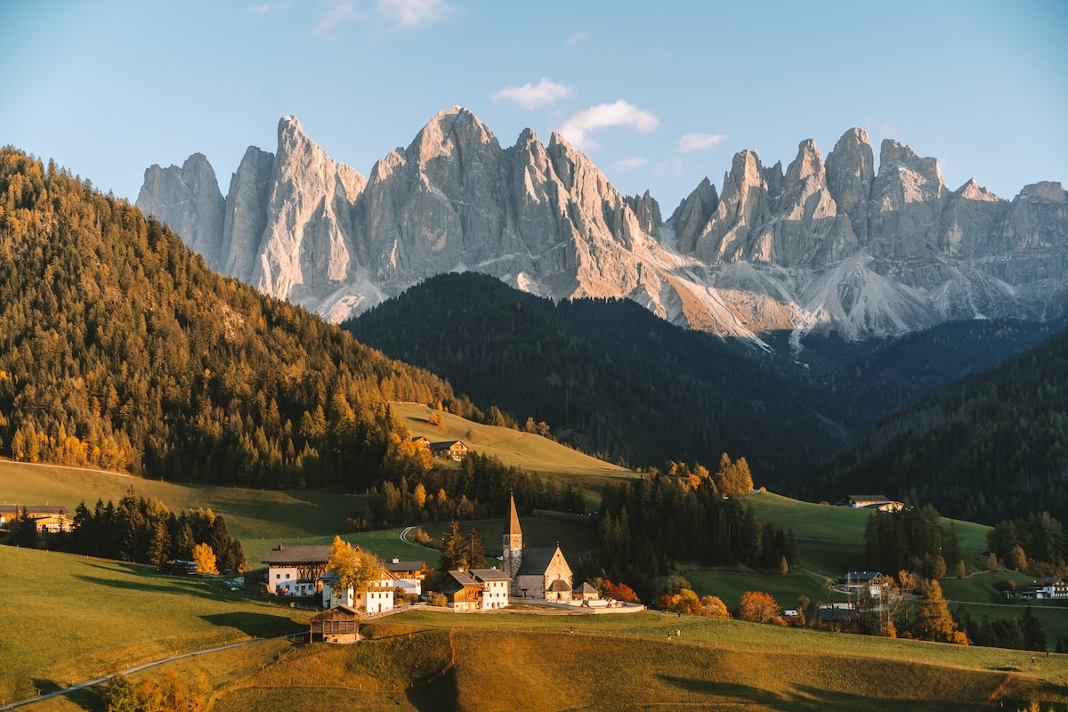 Val di Funes scene Val di Funes scene of Chiesa di Santa Maddalena at golden hour