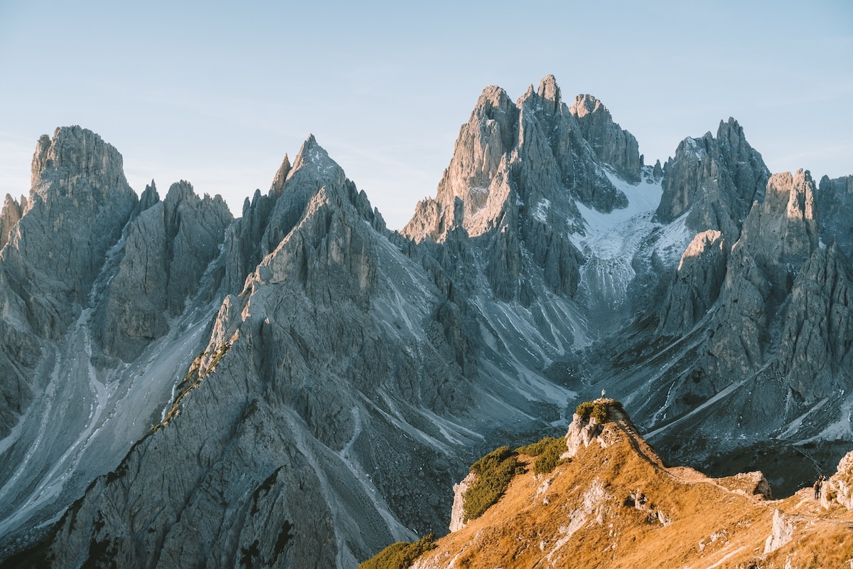 Cadini di Misurina Iconic shot at Cadini di Misurina of tiny hiker up on the trail