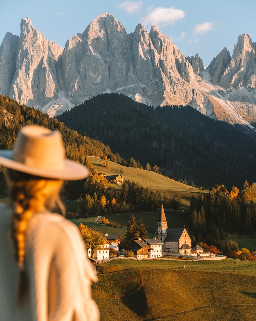 photo spot of Chiesa di Santa Maddalena Michelle Halpern looking out at famous photo spot of Chiesa di Santa Maddalena in the Dolomites
