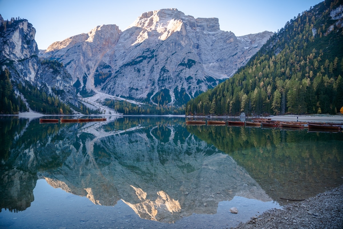 Lago di Braies Turquoise water and reflection of mountains at Lago di Braies, one of best places to visit in the Dolomites