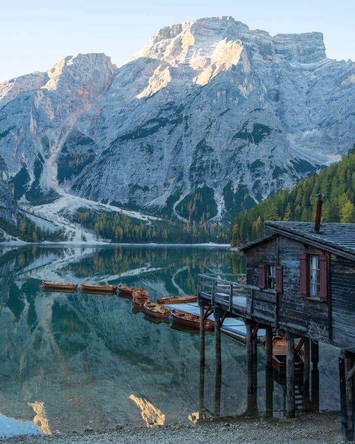 Boat house at Prager Wildsee Boat house at Prager Wildsee (Lago di Braies) early in the morning
