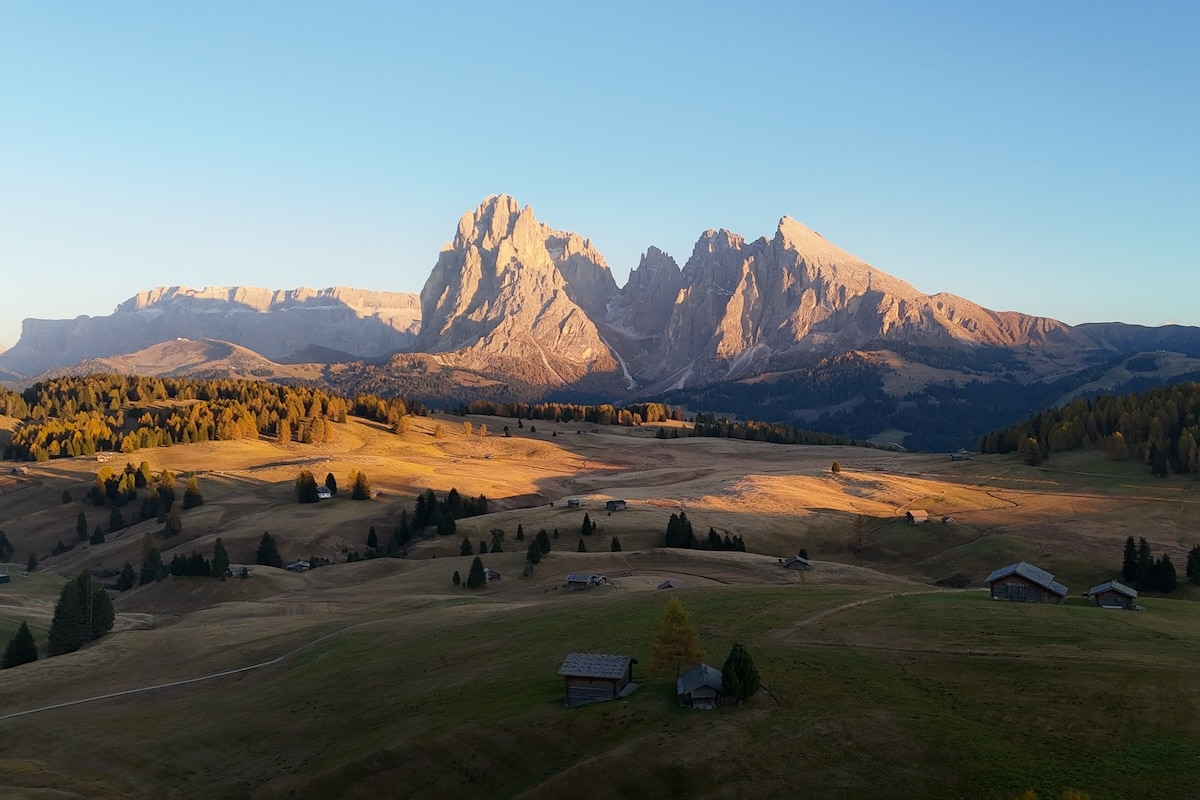 drone Alpe di Siusi at sunset Drone shot of Alpe di Siusi at sunset