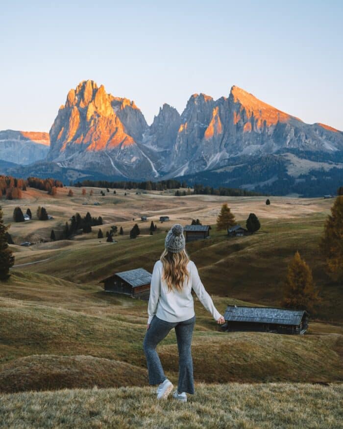 Alpe di Siusi Michelle Halpern looking out over the meadows at Alpe di Siusi
