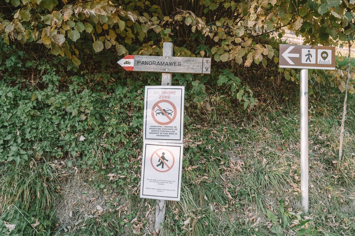 Val di Funes viewpoint signage Signage on the way leading up to the Val di Funes viewpoint of Santa Maddalena church