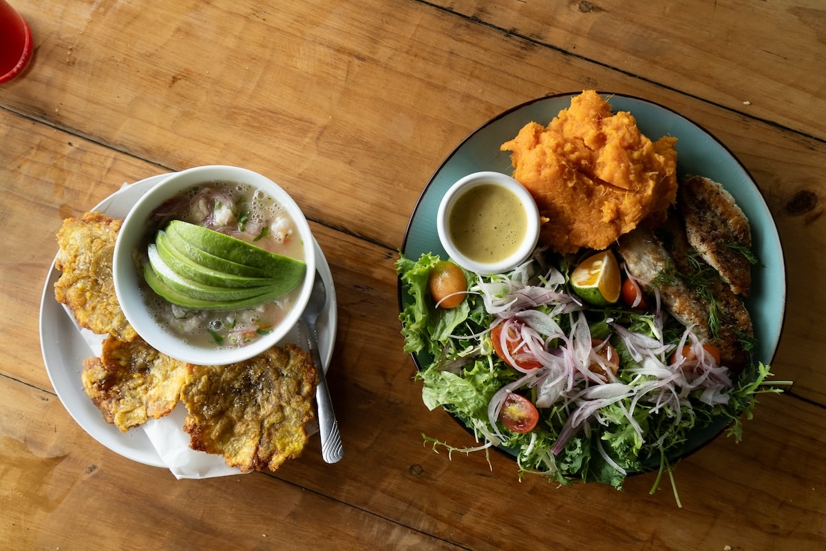 salad from La Malacrianza Overheard shot of two plates - one of ceviche and one of salad from La Malacrianza