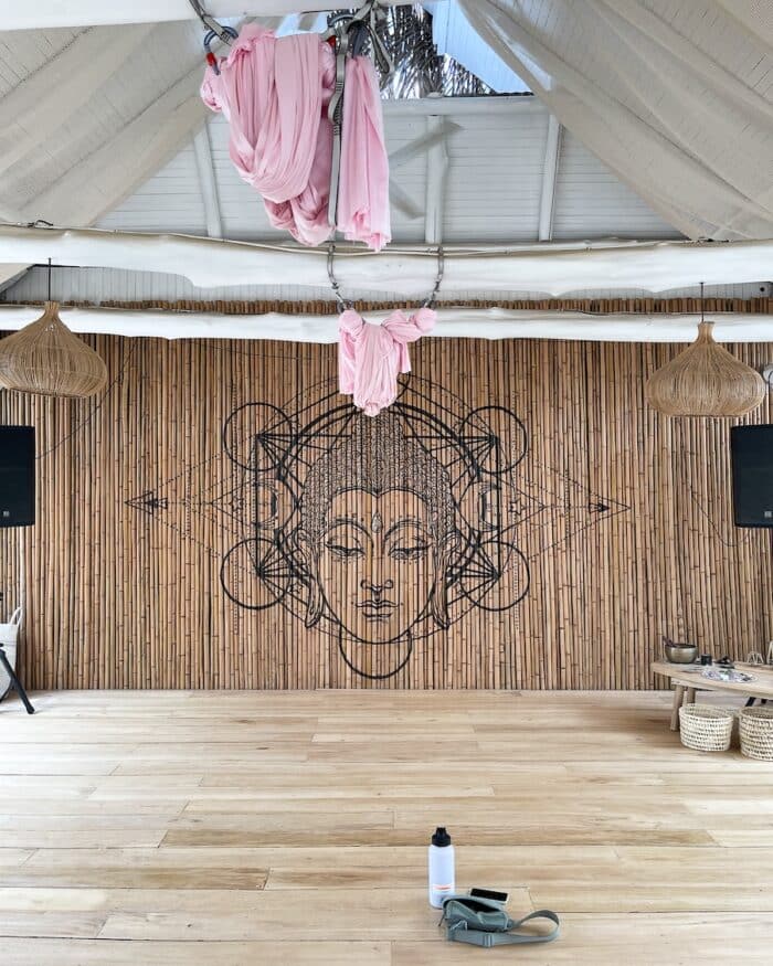 yoga studio at Norte Nosar Interior of yoga studio at Norte Nosara with wooden back wall and goddess drawing