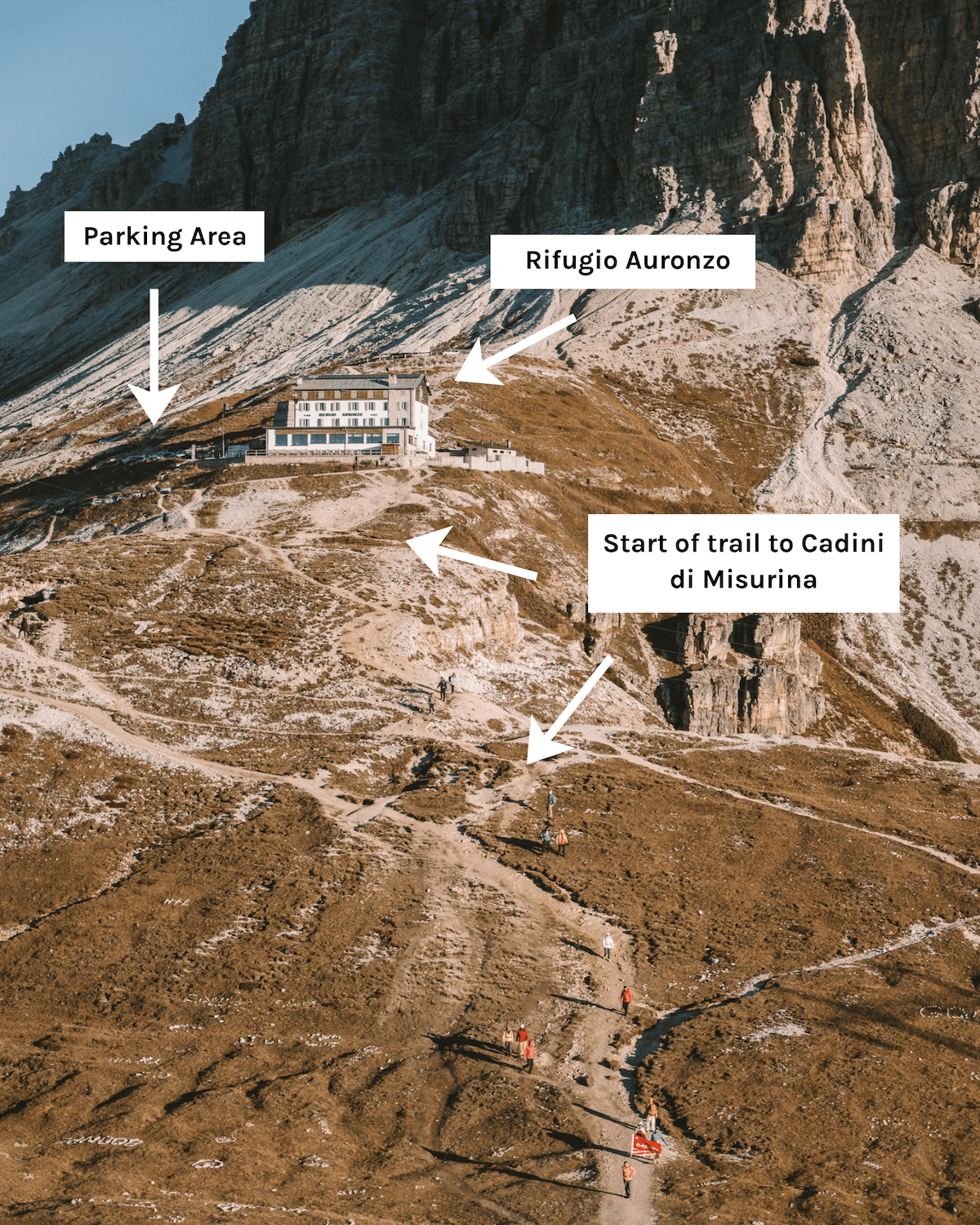 Location of parking Location of parking in comparison to trailhead at Cadini di Misurina