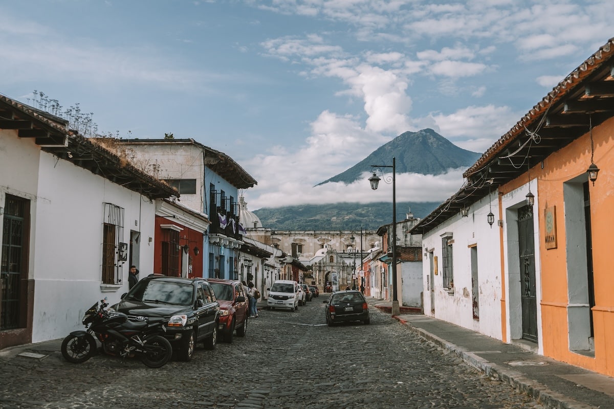 Cobblestone street in Antigua Cobblestone street in Antigua with a gorgeous volcano view in the distance