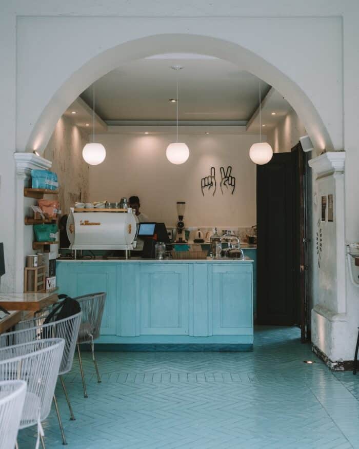 Blue cafe bar Blue cafe bar and white interior inside 12 Onzas