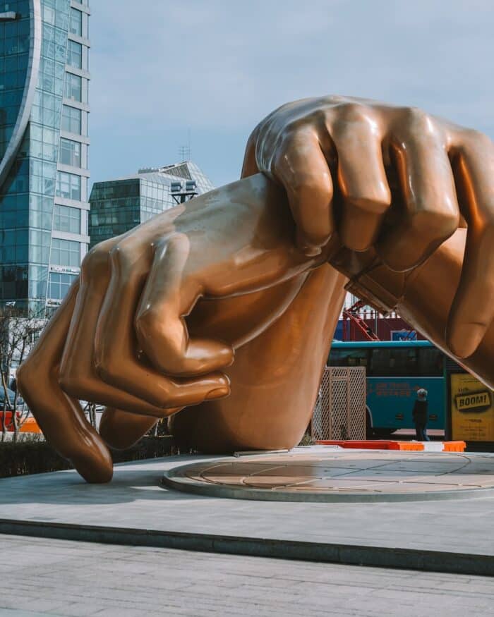 Gangnam Style sculpture Sculpture of two giant crossed hands in Gangnam Seoul