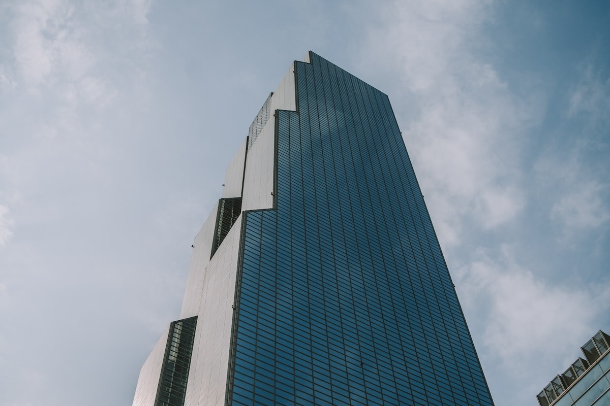 Skyscraper in Gangnam Skyscraper taken from a low angle above so all you see is sky behind it