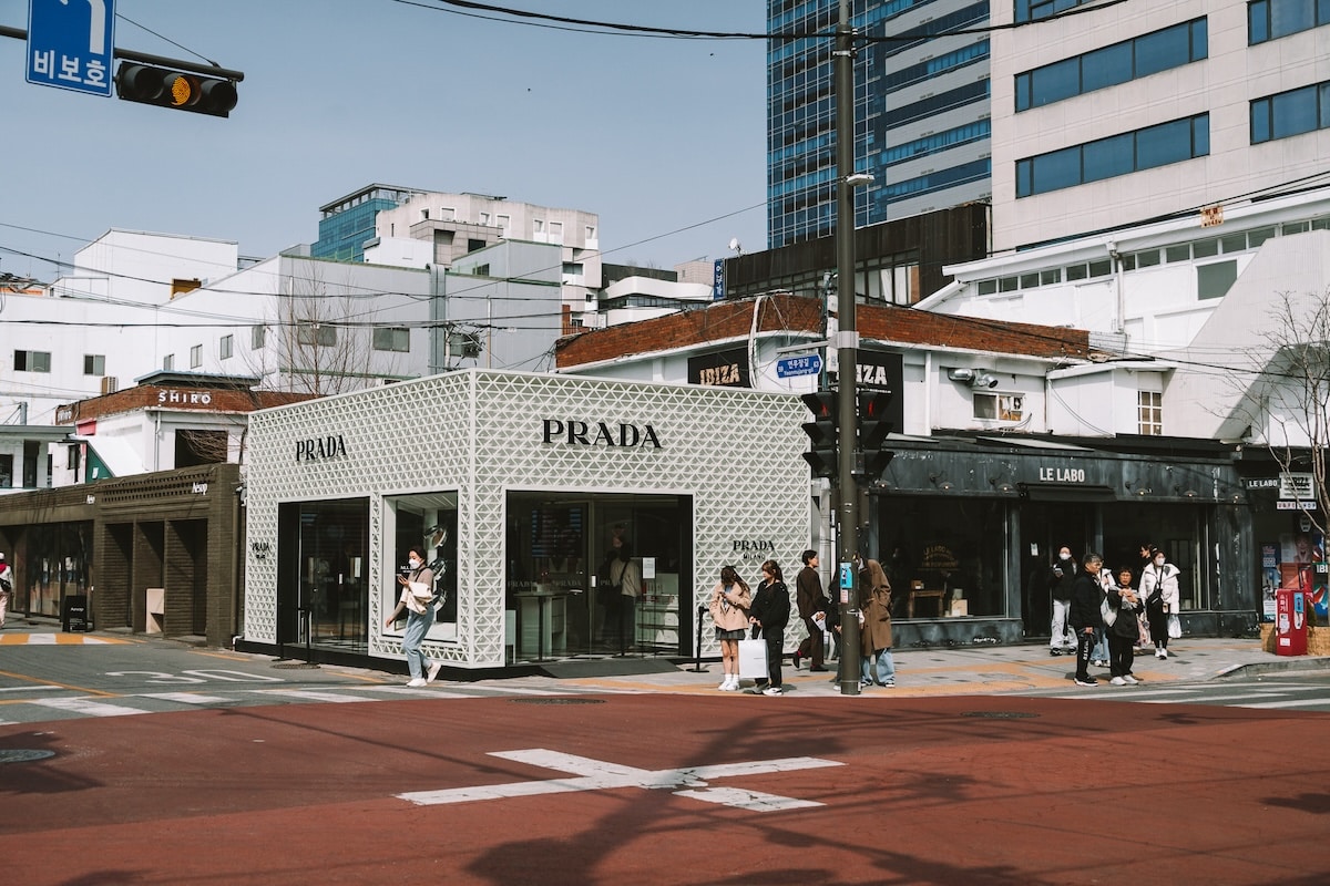 Street scene in the Seongsu-dong Street scene in the Seongsu-dong neighborhood with a Prada store across an intersection
