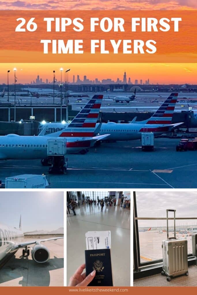 tips for first time flyers. Pinterest cover for blog post about tips for first time flyers.