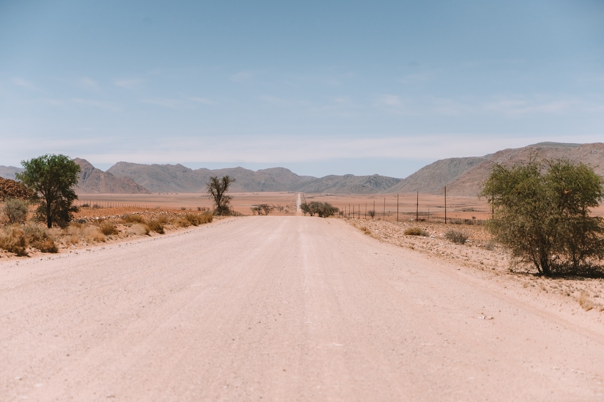 Wide sandy roadway in Namibia Wide sandy roadway in Namibia | Renting a Car in Namibia