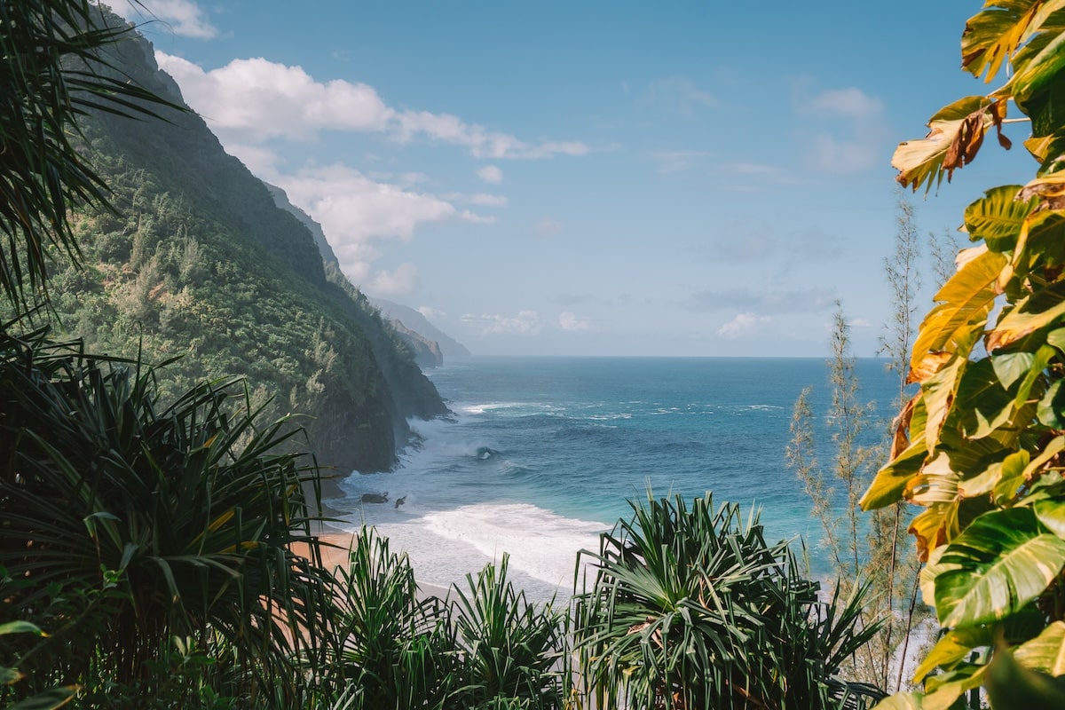 North Shore of Kauai Peek through view through lush foliage down onto stunning beach on the North Shore of Kauai