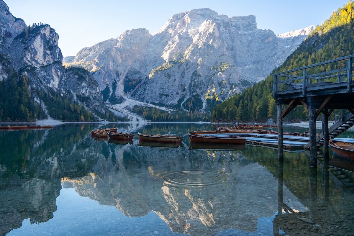 Lago di Braies Ripple in the still sunrise water at Lago di Braies