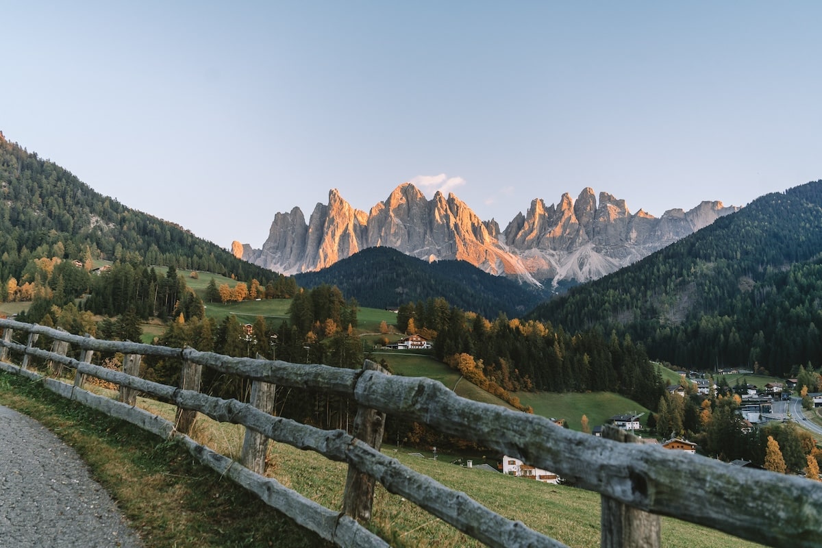 Val di Funes Pink glow atop peaks in Val di Funes