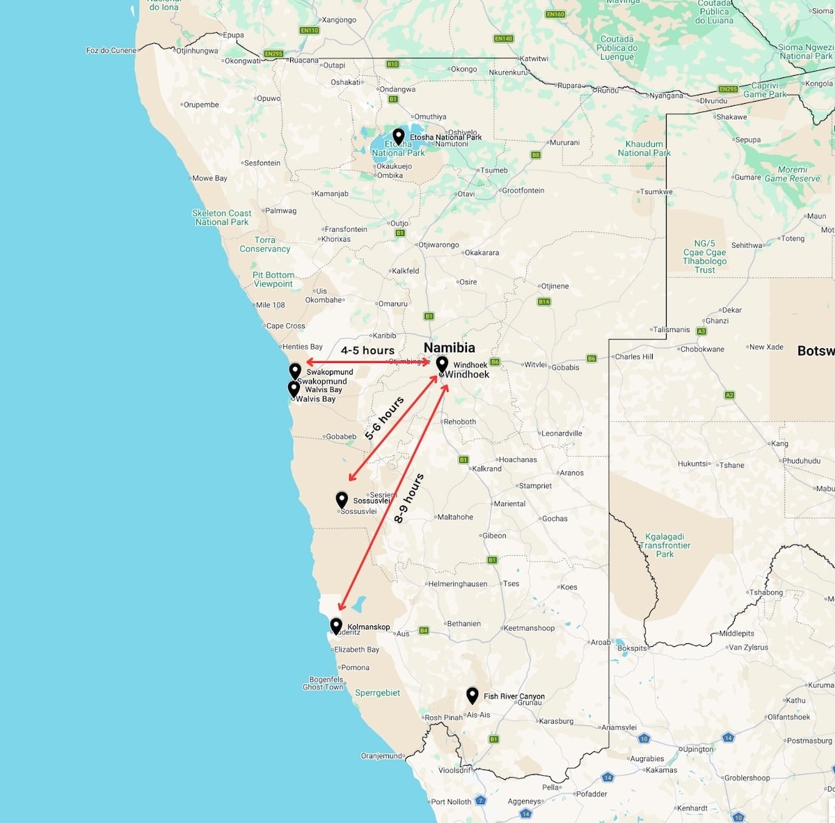 Map of Namibia Map of Namibia that shows red arrows between destinations and driving distances between them. 8-9 hours between Windhoek and Kolmanskop, 5-6 hours between Windhoek and Sossusvlei and 4-5 hours between Windhoek and Swakopmund