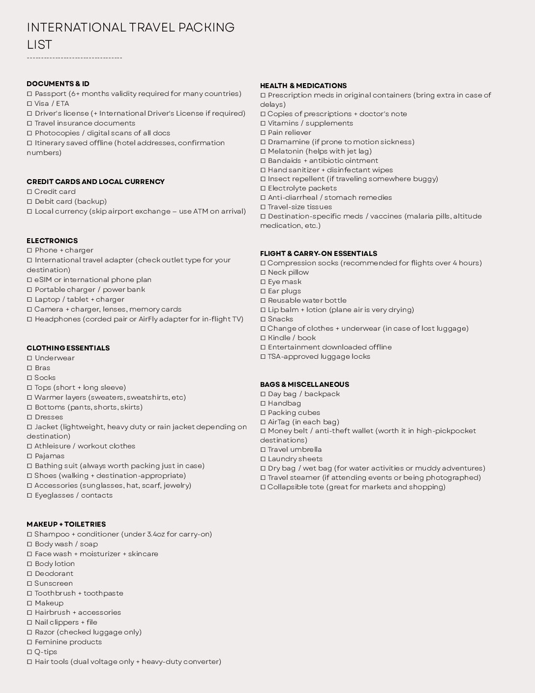 Packing List for International Travel Packing List for International Travel