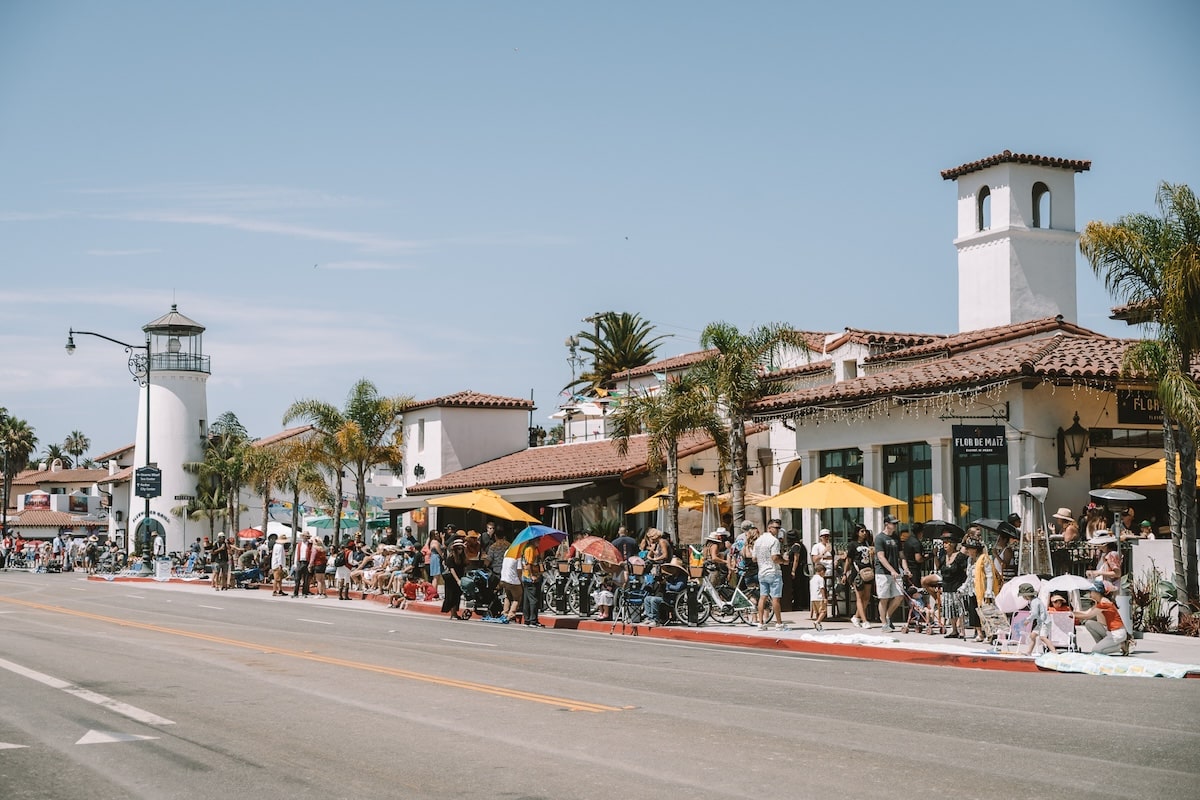 Street in downtown Santa Barbara Street in downtown Santa Barbara lined with people during a parade for La Fiesta