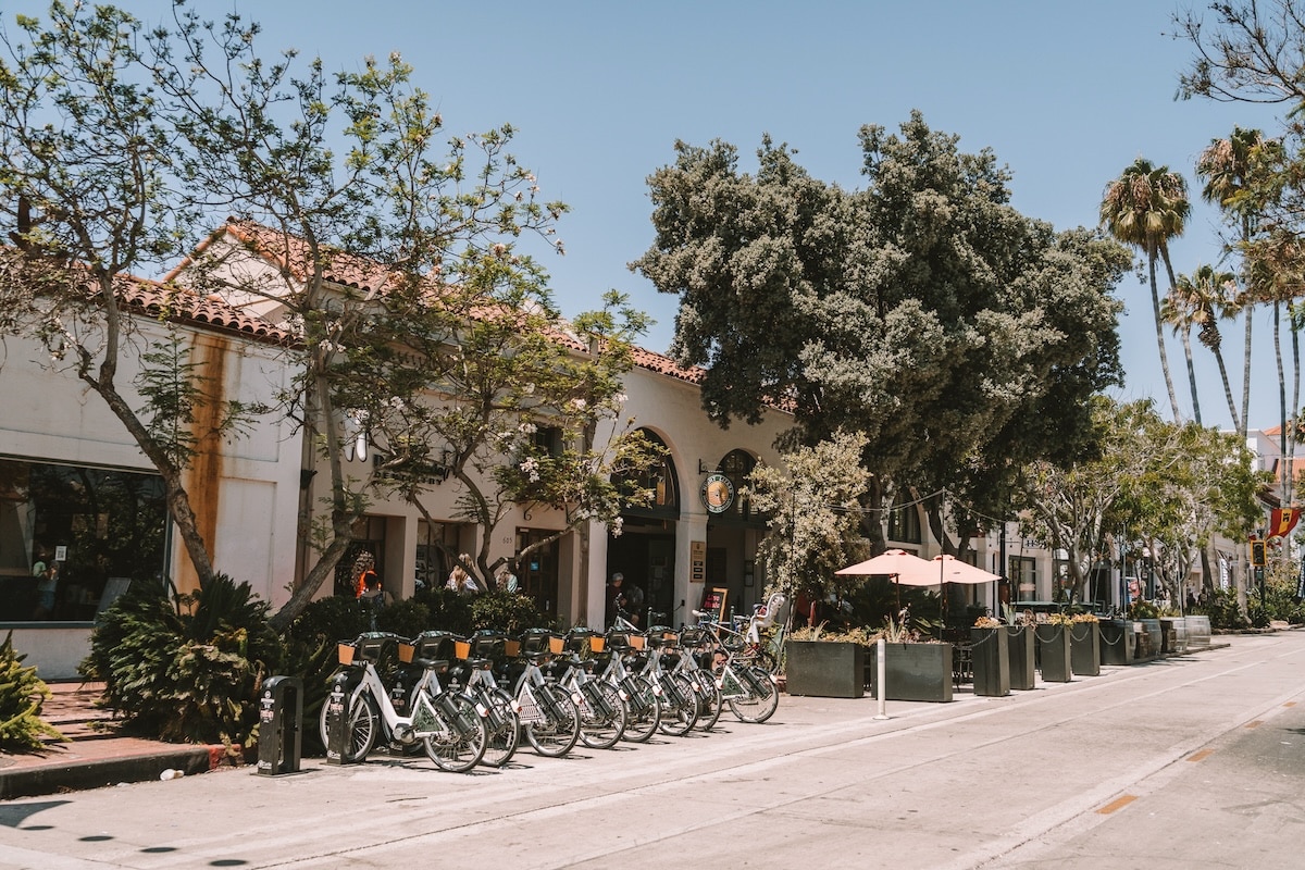 bikes on State Street Row of bikes on State Street in Santa Barbara
