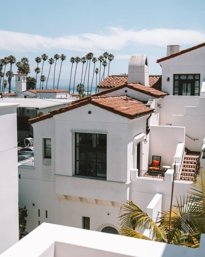 spanish style architecture of Hotel Californian White spanish style architecture of Hotel Californian with distant ocean view