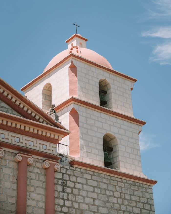 Old Mission tower in Santa Barbara Angle looking up at Old Mission tower in Santa Barbara