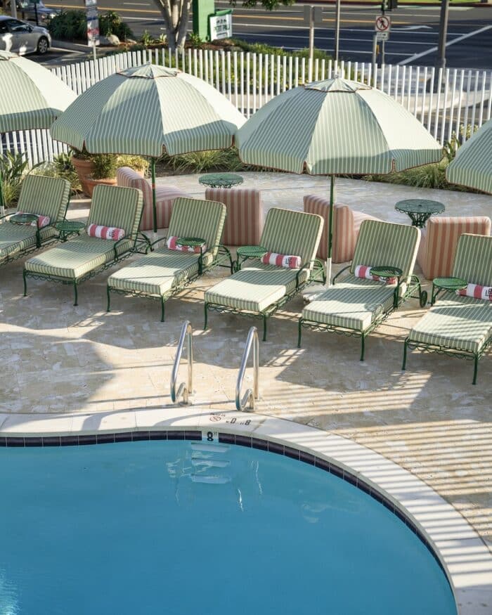 Striped green pool loungers Striped green pool loungers at Le Petit Pali hotel in Laguna Beach