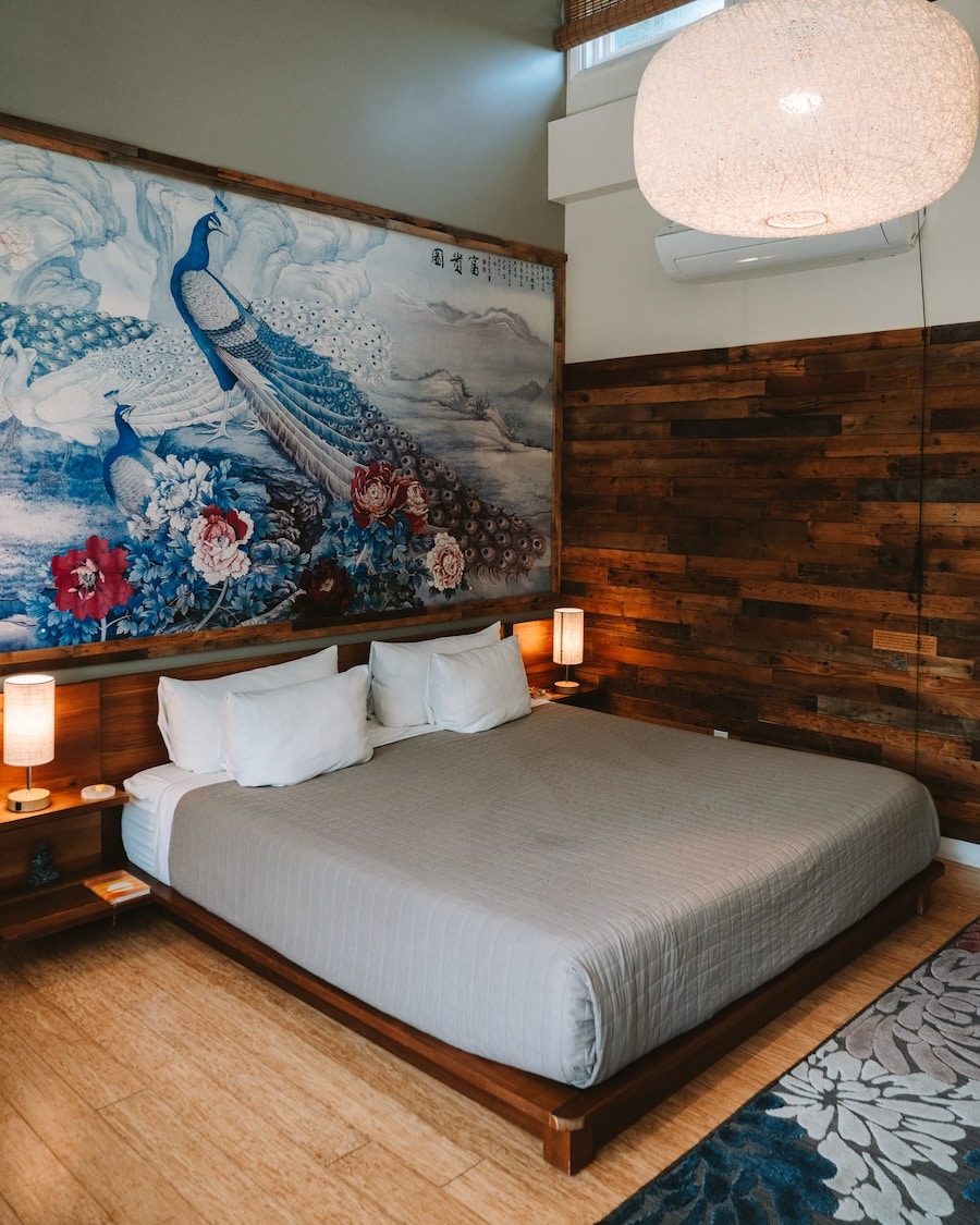 Guest room inside Inn Guest room inside Inn at Moonlight Beach featuring wood paneled walls and peacock mural behind the bed