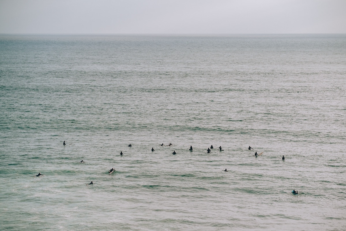 Surfers dotting the ocean Surfers dotting the ocean at sunset